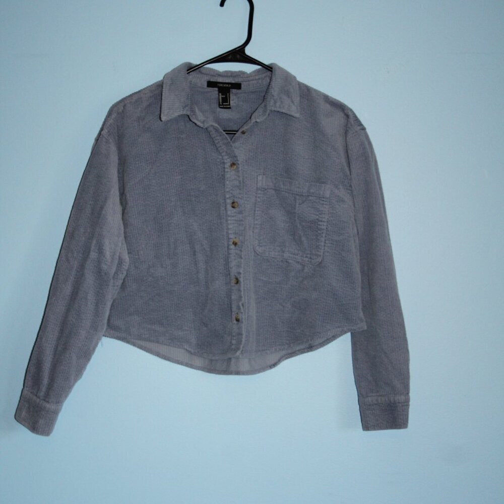 Forever 21 Cropped Blue Wide Rail Corduroy Button Up Shirt 100% Cotton Sz Small - Picture 2 of 15